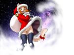  1_anthro 1_female 1_girl anthro bell blush cat censored christmas cute dr_comet female female_anthro female_anthro_cat fur furry gasp gift green_eyes highres mosaic_censoring no_panties open_mouth orange_hair pussy snow solo surprised tail 