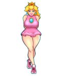  1girl arms_behind_back bare_shoulders big_breasts blonde_hair blue_eyes breasts crown dress earrings large_breasts legs long_hair minidress nintendo pink_dress pink_shoes princess_peach simple_background sleeveless sneakers super_mario_bros. thick_thighs thighs wide_hips 