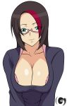  big_breasts black_hair blue_eyes bra breasts cleavage fiora_laurent glasses gosha420 gosha420_(artist) headmistress_fiora league_of_legends leaning_forward looking_at_viewer megane red_highlights smile 