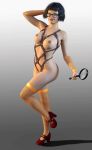 1girl 3d ass breasts female_only fishnets glasses harness magnifying_glass nipples o-ring_harness scooby-doo shoes solo_female thighs velma_dinkley 