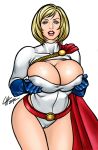  1girl belt big_breasts blonde_hair blue_eyes blue_gloves breast_lift breasts cape cleavage cleavage_cutout dc_comics gloves huge_breasts leaning_forward leotard looking_at_viewer open_mouth power_girl short_hair simple_background thighs 