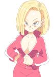  1girl android_18 big_breasts blonde_hair blue_eyes breasts cleavage dragon_ball_super dragon_ball_z inkerton-kun looking_at_viewer milf short_hair track_jacket track_pants undressing 