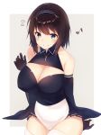  1girl bare_shoulders breasts brown_hair cleavage cleavage_cutout elbow_gloves gloves green_eyes hairband large_breasts looking_at_viewer maid short_hair simple_background sitting skindentation skirt smile thick_thighs thighhighs thighs white_legwear 