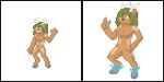  1girl anthro antlers big_breasts brown_fur deer fakkumon faun female_only fire green_hair lineup nude pixel_art pointing satyr small_breasts smile waving 