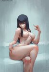  1girl areola artist_name ass bangs bare_arms bare_shoulders big_breasts black_hair blue_background blue_eyes breasts clavicle commission completely_nude crossed_legs cutesexyrobutts eyebrows hand_on_thigh high_resolution hips huge_ass kill_la_kill kiryuuin_satsuki leg_lift legs long_hair looking_at_viewer navel nipples nude serious signature sitting skindentation slender_waist stomach thick_eyebrows thick_thighs toned wide_hips 