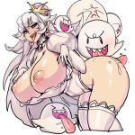  1girl 2018 boo booette breasts crown dress earrings elbow_gloves ghost huge_breasts maniacpaint nintendo nipples open_mouth sharp_teeth super_mario_bros. thighhighs tongue tongue_out white_hair 