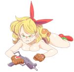  1girl blonde_hair bow breasts dragon_ball gloves green_eyes inkerton-kun launch shorts topless uzi weapon 