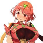 1girl bangs big_breasts blush breasts cleavage earrings hair_ornament hand_on_own_chest head_tilt heroine nintendo open_mouth pyra red_eyes red_hair short_hair xenoblade xenoblade_(series) xenoblade_chronicles_2