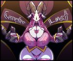  1girl 1girl anthro areola baphomet_(deity) baphomet_(species) big_breasts black_border border bovid bow braided_hair breasts cameltoe caprine caprine_demon clothed clothing curvy_figure deity demon ear_piercing english_text eyeshadow fangs goat hair high_res huge_breasts legwear long_hair looking_at_viewer luxeia makeup mammal nipple_outline nipples panties piercing r-mk stockings text thick_thighs translucent translucent_clothing underwear voluptuous wide_hips 