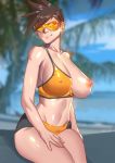  1girl big_breasts breasts brown_hair ear_piercing erect_nipples hand_on_thigh jhinbrush lena_oxton looking_away midriff navel nipple_bulge nipples one_breast_out outside overwatch short_hair shorts smile sports_bra sportswear thighs tracer_(overwatch) visor 