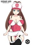  1girl aged_up arms_at_sides bangs bare_shoulders big_breasts blue_eyes breasts brown_hair cleavage collarbone corset gosha420 gosha420_(artist) hat head_tilt hilda large_breasts long_hair looking_at_viewer miniskirt nintendo pokemon skirt solo stockings 