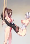 1girl 2_girls areola armpits ass bdsm big_breasts bondage boots breasts brown_hair crossover curvaceous fatal_fury female_only huge_ass huge_breasts leotard long_hair multiple_girls nier:_automata nier_(series) nipples nude open_mouth pixiv_sample ponytail shinkaui shiny shiny_skin shiranui_mai short_hair simple_background smile standing stockings thighs tied_hair white_hair yorha_no._2_type_b