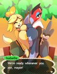 1girl amelia_(animal_crossing) animal_crossing anthro areola avian big_breasts bird blush breast_squish breasts breasts_frottage canid canine canis clothed clothing domestic_dog duo english_text highres huge_breasts isabelle_(animal_crossing) looking_at_viewer mammal nintendo nipples partially_clothed r-mk shih_tzu short_stack speech_bubble squish text thick_thighs toy_dog video_games wide_hips