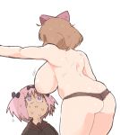  2_girls ass bow haruka_(senran_kagura) hibari_(senran_kagura) inkerton-kun multiple_girls panties pink_hair senran_kagura sideboob sweat topless 