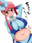  1girl bangs belly big_breasts blue_eyes blush breasts chubby embarrassed flower_on_head fuuro_(pokemon) hand_behind_head harubato large_breasts looking_at_viewer midriff navel open_mouth pokemon pokemon_bw red_hair short_shorts shorts simple_background skyla sweat sweatdrop 