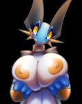  1girl absurd_res amphibian anthro areola big_breasts big_hands black_background blush breasts cleavage_cutout clothed clothing exposed_breasts holding_breast huge_breasts looking_at_viewer nintendo nipples non-mammal_breasts orange_eyes orange_sclera partially_clothed pok&eacute;mon pok&eacute;mon_(species) pokemorph pokephilia presenting presenting_breasts r-mk simple_background smile swampert sweater topwear video_games 