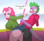  2018 aged_up animated anthro blush bulge clothed clothing cutie_mark dialogue duo english_text equine female friendship_is_magic furry hair male male/female mammal my_little_pony omegaozone pinkie_pie scalie spike sweat sweatdrop text webm 