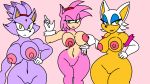  3_girls amy_rose bat bedroom_eyes blaze_the_cat cat curvy daitenga hedgehog nude rouge_the_bat seductive_look seductive_smile sega wide_hips 