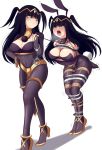  2girls armbinder bdsm black_hair blush bodysuit bondage bondage_bunny breasts bunny_ears bunny_tail circlet cleavage collar covered_navel dual_persona femdom fire_emblem fire_emblem_awakening full_body grey_eyes handcuffs heart-shaped_pupils heavy_breathing high_heels jewelry large_breasts legs long_hair looking_at_another monoglove open_mouth smile tharja thighlet thighs 