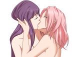  2girls closed_eyes female female_only hinata_hyuuga kissing naruto naruto_shippuden nude pink_hair purple_hair sakura_haruno yuri 