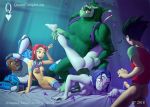  2_girls 3boys ass beast_boy blush breasts cyborg dc dc_comics extreme_content large_ass male medium_breasts multiple_boys purple_hair queencomplex raven_(dc) red_hair robin slender_waist starfire stockings teen_titans thick_thighs thighs 