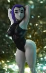  1girl bare_shoulders big_breasts big_muscles big_nipples dc female female_only forehead_jewel hands_behind_head joelgraphic leotard raven_(dc) solo standing teen_titans 