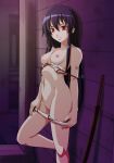 1girl akame akame_(akame_ga_kill!) akame_ga_kill! alley bare_legs bare_shoulders bikini black_hair breasts censored female female_only itou_nobuhiro katana long_hair looking_at_viewer midriff mosaic_censoring navel nipples nude outside pussy red_eyes small_breasts solo swimsuit sword topless undressing very_long_hair weapon