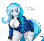  anthro big_breasts blue_eyes blue_hair breasts cat-named-fish cleavage clothed clothing cosplay cuffs equine female fur furry hair hooves horn horse long_hair looking_at_viewer mammal my_little_pony original_character plain_background police pony presenting smile solo standing text two_tone_hair unicorn uniform white_fur 