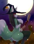 airlemi anthro black_hair blush breasts broom canid canine cleaning_tool clothing female fennec food fox fruit fur green_body green_eyes green_fur hair halloween hat headgear headwear hi_res holidays long_hair looking_at_viewer looking_back lotus_(joechan1) magic mammal moon night nipples nude open_mouth original original_character outside plant pumpkin solo tongue tongue_out white_body white_fur witch_hat