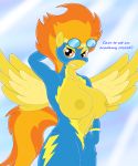  abstract_background anthro bedroom_eyes big_breasts breasts clothing equine eyewear feathers female friendship_is_magic fur furry goggles hair hi_res horse looking_at_viewer mammal my_little_pony navel nipples orange_eyes orange_hair pegasus pony presenting raised_arm sct-trigger1221 smile solo spitfire two_tone_hair wings wonderbolts_(mlp) wonderbolts_uniform 