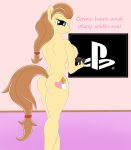  anthro bedroom_eyes big_breasts blue_eyes breasts brown_hair button&#039;s_mom controller cutie_mark equine female friendship_is_magic fur furry hair highres hooves horse long_hair looking_at_viewer looking_back mammal my_little_pony nipples original_character pony presenting raised_tail rear_view sct-trigger1221 smile solo sony standing tail television text 