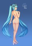 1girl 2014 aqua_eyes aqua_hair artist_name ass blue_background dated dongqing_zaozigao female_only from_behind full_body goggles goggles_on_head high_heels high_ponytail high_res long_hair looking_back miku_hatsune nude open_mouth rear_view sandals solo_female tan tan_line twin_tails very_long_hair vocaloid yezinod
