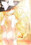  1girl absurd_res ass blonde_hair breasts curtains from_behind hat high_res kirisame_marisa long_hair looking_back mikoma_sanagi panties panty_pull pink_panties smile solo topless touhou underwear underwear_only witch_hat yellow_eyes 