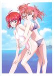  2_girls 2girls alternate_hair_color art artist_request back-to-back bikini breasts character_request female gundam gundam_seed_destiny leaning leaning_back leaning_forward looking_at_viewer multiple_girls one-piece_swimsuit pink_hair red_hair short_hair siblings sisters smile strapless strapless_bikini strapless_swimsuit swimsuit tagme tubetop twintails yuri 