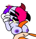 angry annoyed black_eyes black_hair breasts cum cum_in_mouth cum_on_body hiper&#039;s_desventure hiper_(oc) jp20414(artist) nipples orange_clothes paizuri pink_hair purple_hair purple_nipples purple_skin red_horns shutupenny_(youtuber) tentacle_penis traced white_background white_clothing white_gloves