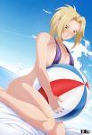  1girl ball beach beachball big_breasts blonde_hair breasts dkir large_breasts nail_polish naruto ocean sling_bikini swimsuit tsunade 