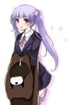  1_girl 1girl art artist_request blush bowtie female holding lavender_hair long_hair looking_at_viewer mutou_kurihito neck new_game! open_mouth purple_eyes purple_hair school_uniform skirt solo suzukaze_aoba twintails 