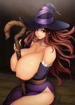  1girl belly between_breasts breast_hold breasts brown_hair cleavage detached_sleeves dragon&#039;s_crown earrings hat huge_breasts jewelry long_hair memememe mole navel nipples red_eyes red_hair side_slit smile solo sorceress_(dragon&#039;s_crown) staff topless wide_hips witch_hat 