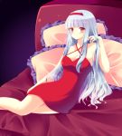  1_girl 1girl adjusting_hair alluring arm arms art babe bad_id bare_shoulders bed blush breasts cleavage collarbone cresc-dol dress female hairband hime_cut idolmaster legs long_hair looking_at_viewer neck pillow reclining red_dress red_eyes red_skirt shijou_takane shy silver_hair sitting skirt solo takane_shijou 