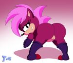  1girl anthro ass bent_over big_ass biting_lip boots breast dat_ass fur furry gloves half-closed_eye hedgehog looking_at_viewer looking_back naughty_face nude pink_fur pink_quills pussy quills sega shadow sonia_the_hedgehog sonic_the_hedgehog_(series) sonic_underground t+4t tagme under_boob 
