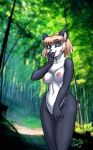  2004 anthro areolae blue_eyes breasts chest_tuft dr_comet female furry looking_at_viewer mammal nude outside panda standing trees white_fur 