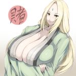  1girl blonde_hair breast_hold breasts brown_eyes cleavage crossed_arms female gigantic_breasts japanese_clothes kimono long_hair naruto simple_background solo tsukasawa_takamatsu tsunade twintails upper_body white_background 