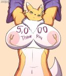  1girl 1girl 2021 absurd_res anthro armwear bandai_namco big_breasts big_nipples black_sclera blue_eyes blush breasts bridal_gauntlets canid canine clothing digimon digimon_(species) digital_drawing_(artwork) digital_media_(artwork) fox fur fur_markings furry high_res huge_breasts huge_nipples kings-gz looking_at_viewer mammal markings multicolored_body multicolored_fur multicolored_tail nipple_piercing nipples nude piercing pink_background raised_arms renamon signature simple_background text white_body white_fur white_tail yellow_body yellow_fur yellow_tail 
