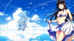  1girl 1girl alluring breasts cleavage clothes_lift day eyebrows_visible_through_hair from_below high_res lifted_by_self mahouka_koukou_no_rettousei official_art official_wallpaper outside sarong sarong_lift shiba_miyuki sparkle thighs voluptuous 