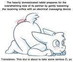  1boy all_fours anthro blush bottomless bunny_boy cobalt_snow_(artist) cute furry happy_trance humor kneel lagomorph leporid malesub nude object_insertion original rabbit text tongue tongue_out top-down_bottom-up topless vibrator white_background white_body yaoi 