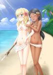  2girls arm arm_hug arms art babe bare_shoulders beach belly black_hair blonde blonde_hair blush breast_press breasts cleavage clenched_hand clenched_hands closed_eyes cloud dark_skin female flower foot_prints footprints grass green_eyes hair hair_between_eyes hair_flower hair_ornament happy highres holding hugging jewelry kerasu legs long_hair looking_away love mound_of_venus multiple_girls navel neck necklace ocean open_mouth outside palm_tree pearl_necklace sand sea shy sky small_breasts smile spear standing strapless sunlight topless tree tubetop water weapon yuri 