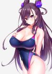  1girl arms_behind_back bangs bare_shoulders black_hair blue_swimsuit blush breasts cleavage competition_swimsuit covered_navel double_bun fate/grand_order fate_(series) groin hair_between_eyes hair_ornament hand_on_own_chest head_tilt highleg highleg_swimsuit large_breasts long_hair looking_at_viewer murasaki_shikibu one-piece_swimsuit parted_lips purple_eyes sidelocks skin_tight slit_pupils swimsuit taut_clothes thighs two_side_up very_long_hair 
