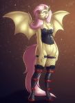  2014 bat_pony bottomless breasts cleavage clothing equine fangs female fishnet flutterbat fluttershy friendship_is_magic my_little_pony navel pink_hair pony pussy skipsy smile solo standing stockings wings yellow_fur 