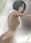  1_girl 1girl against_wall aoshima_yuuko arched_back arm arms art ass babe back bare_back bare_shoulders black_hair breasts brown_eyes dark_skin female haruyama haruyama_kazunori high_res hose looking_at_viewer looking_back monkey_turn nude open_mouth serious short_hair shower sideboob small_breasts solo standing tan towel wet yuuko_aoshima 