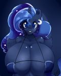  anthro big_breasts blue_background blue_eyes blue_fur blue_hair breasts cbatie11 clothing ear_piercing equine feathers female friendship_is_magic fur furry hair hi_res horn huge_breasts lipstick long_hair looking_at_viewer mammal my_little_pony navel piercing plain_background princess_luna smile solo standing winged_unicorn wings 